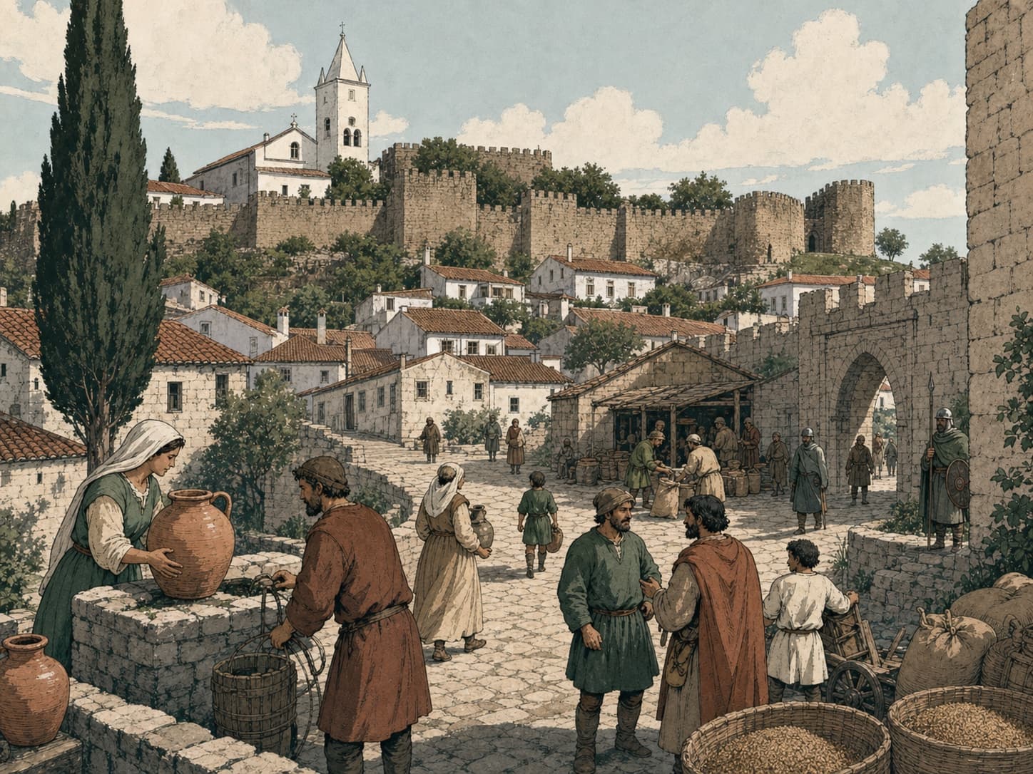 Comic view of life below the accurately rendered Penela Castle