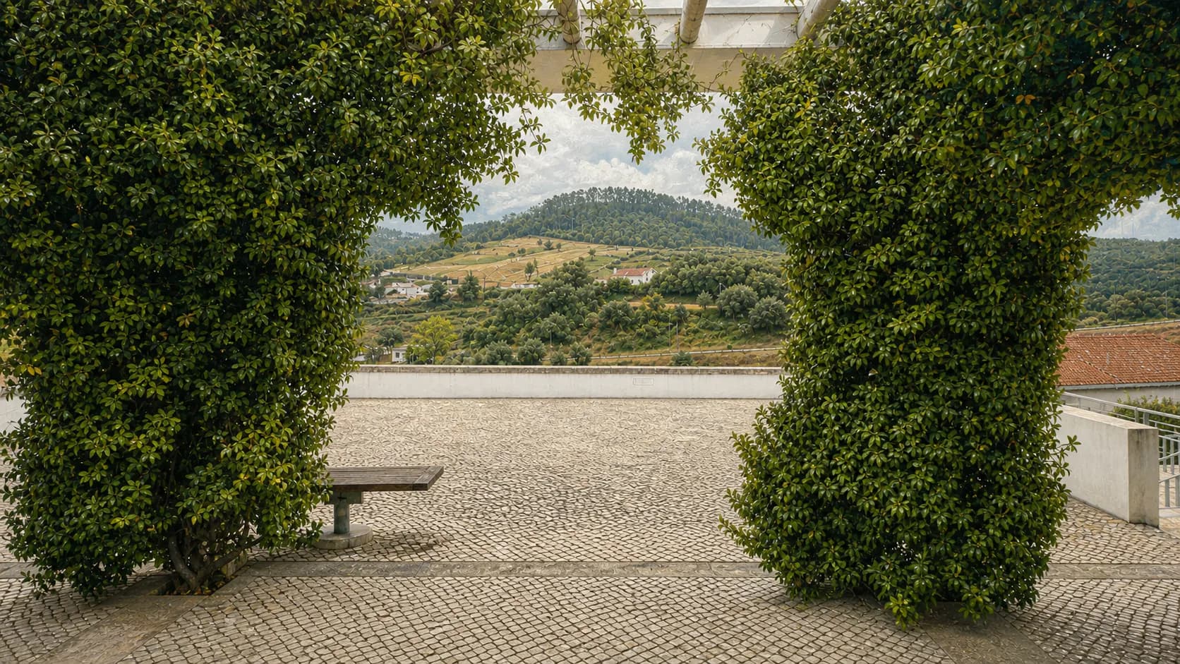 Green pergola framing the hills from Praça do Município in Penela