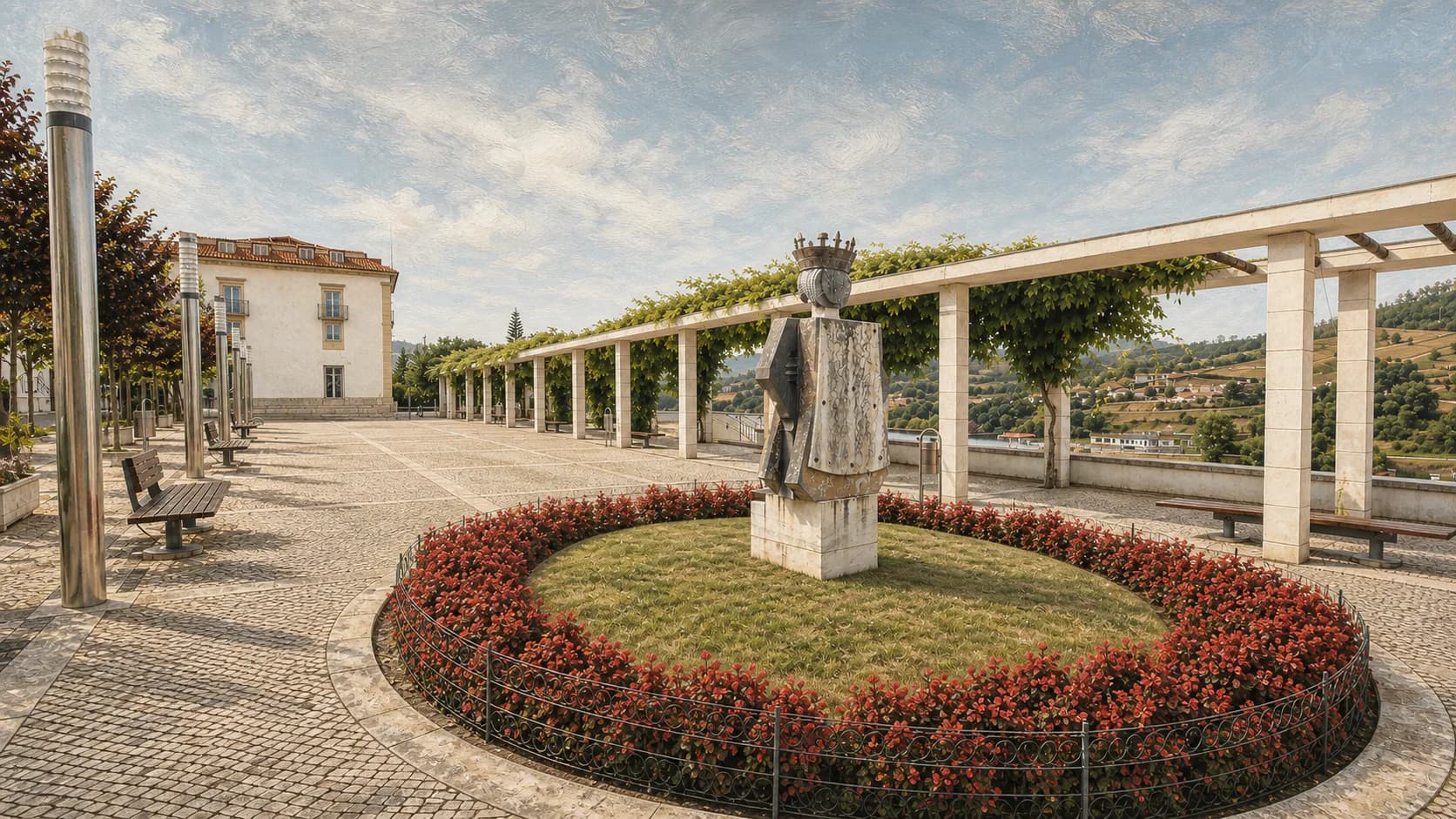 Praça do Município in Penela with its central sculpture, flower bed, pergola and benches