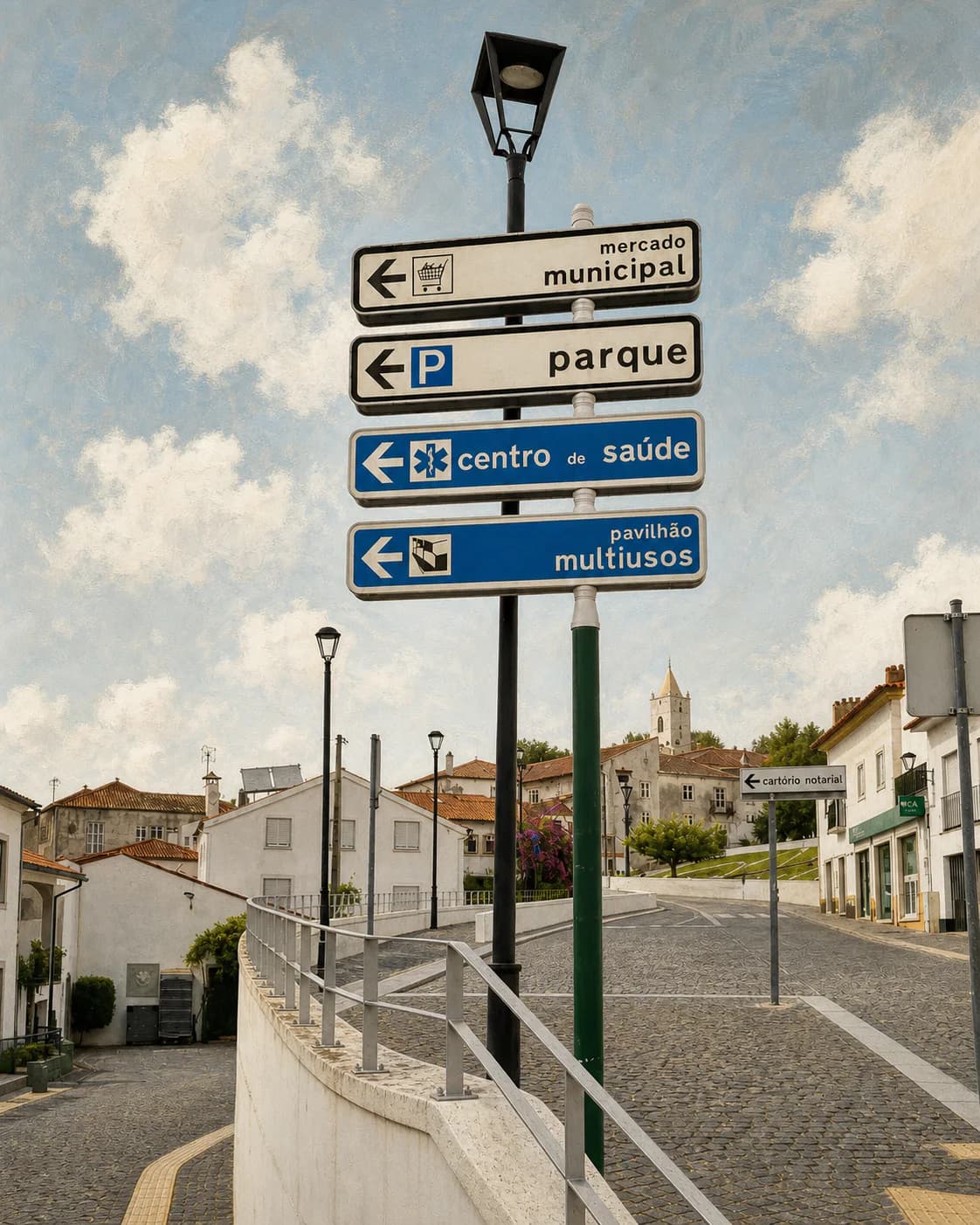 Wayfinding signs in Penela for the municipal market, parking, health centre and multipurpose pavilion