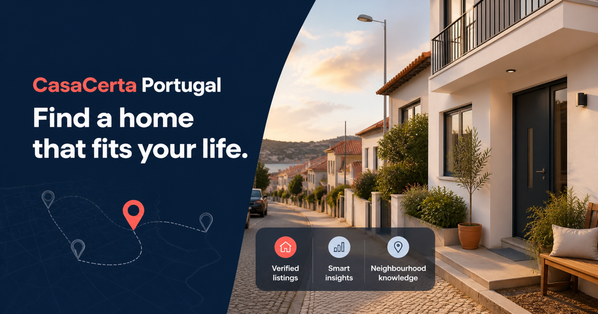 CasaCerta Portugal homepage with a residential street and property-search message
