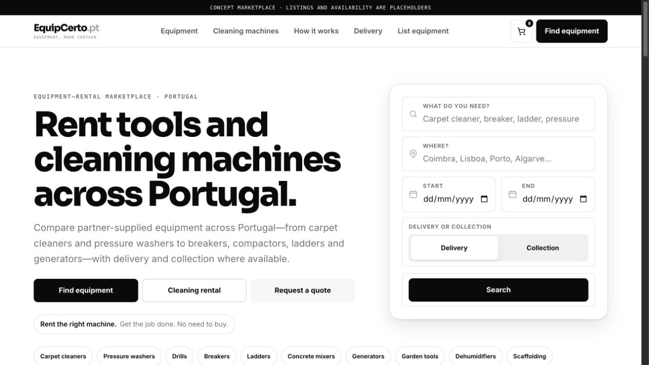 EquipCerto homepage with its equipment-rental search and catalogue experience