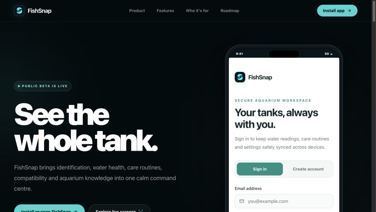 FishSnap homepage with its navigation, aquarium-care message and product screen