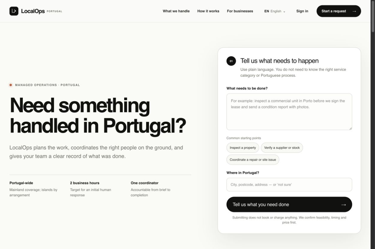LocalOps Portugal homepage with full navigation, managed operations message and request form