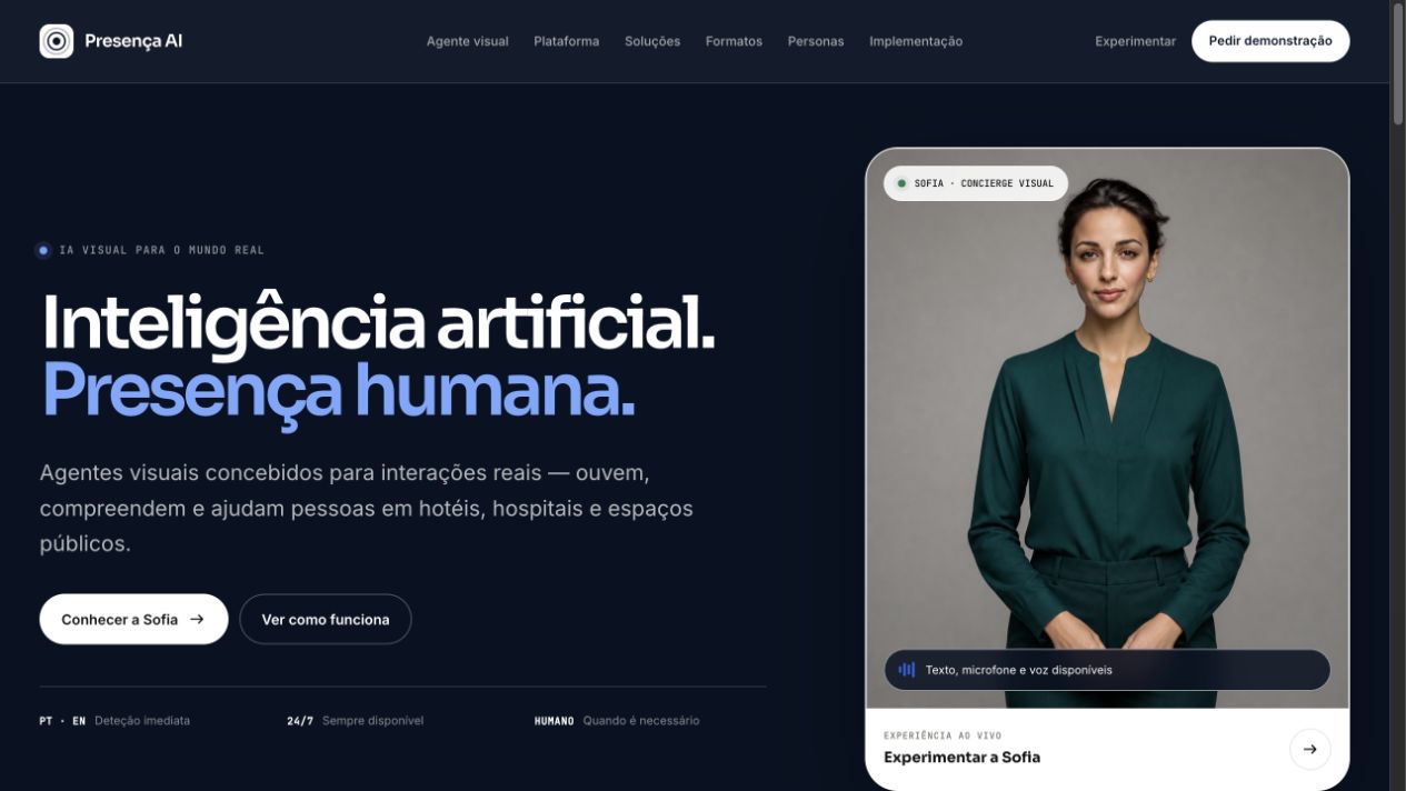 Presença AI homepage with its full navigation, platform message and Sofia visual concierge