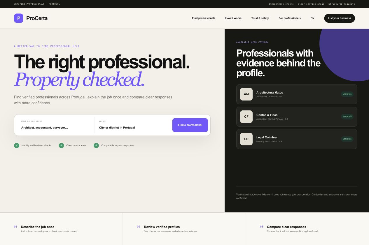 ProCerta homepage with full navigation, professional search and verified profile comparison