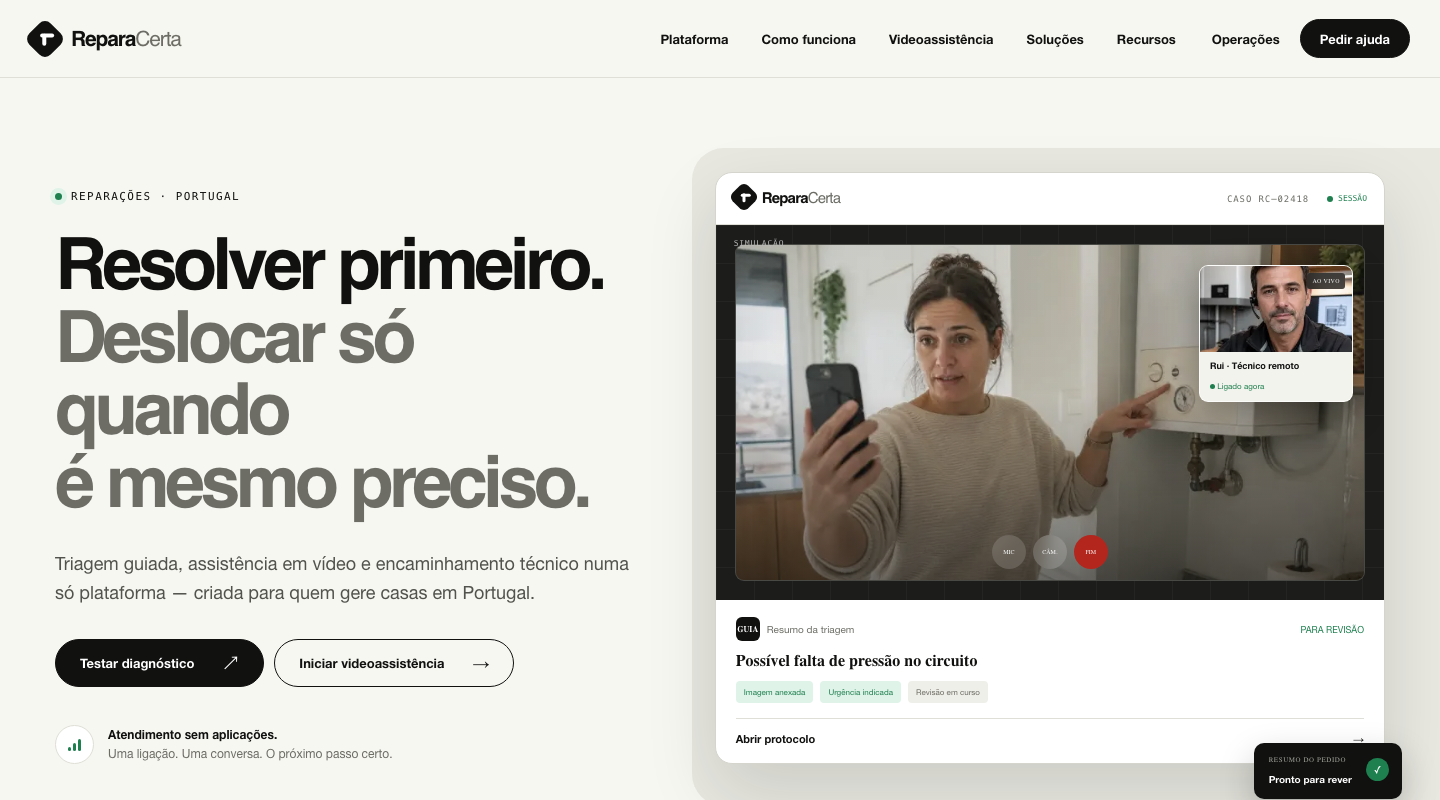 ReparaCerta homepage with full navigation, repair diagnosis message and video-assistance workspace