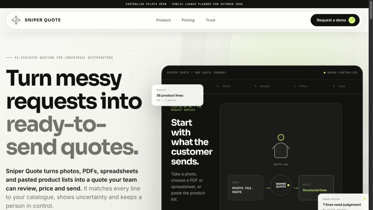 Sniper Trade homepage with navigation and a B2B quoting workspace