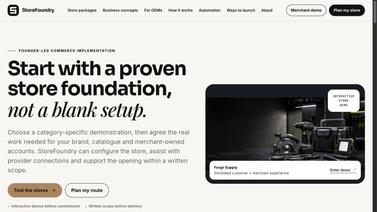 StoreFoundry homepage with its full navigation, launch message and interactive store demo
